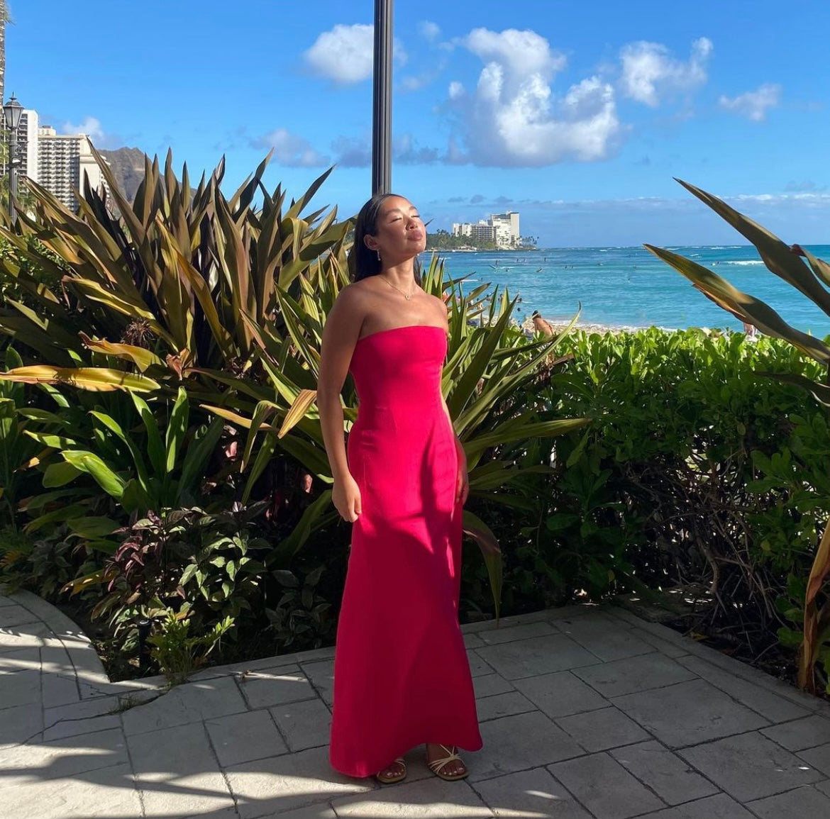 asher strapless dress in pink Ashe Midi Dress
