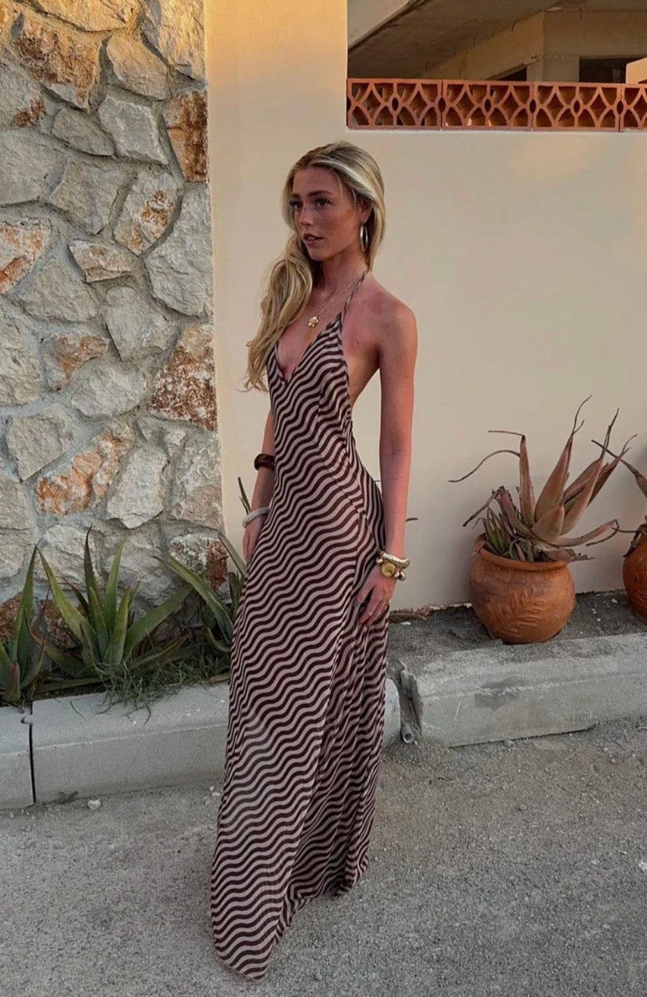 Lunia Mesh Dress with Open Back - Brown/Off White