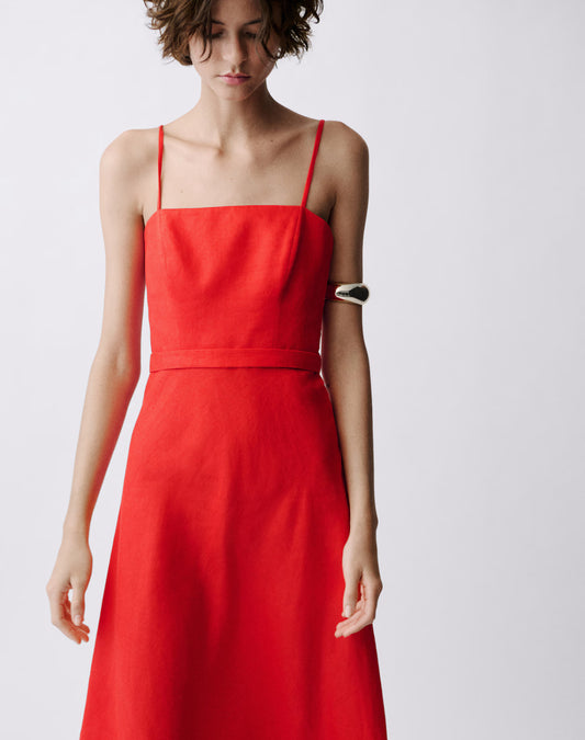 Bow linen-blend dress (Red)